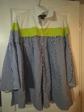 Ashley Stewart White, Lime & Navy Striped Button-Up Blouse